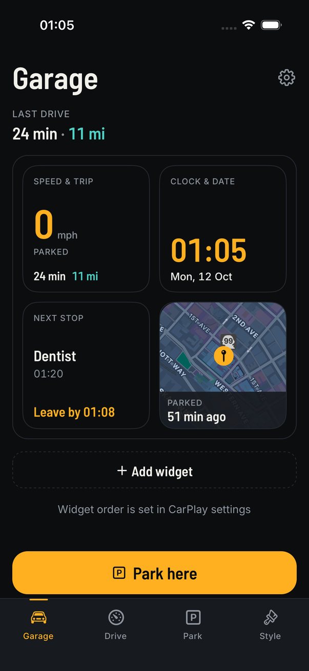 DashCue's Garage screen with Speed and Trip, Clock and Date, Next Stop and Parked widgets