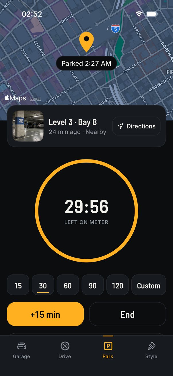 A saved parking spot with a photo, and a meter with 29 minutes 56 seconds left