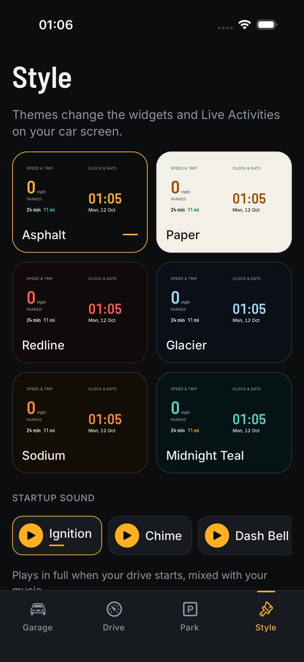 The Style screen with six themes and startup sounds